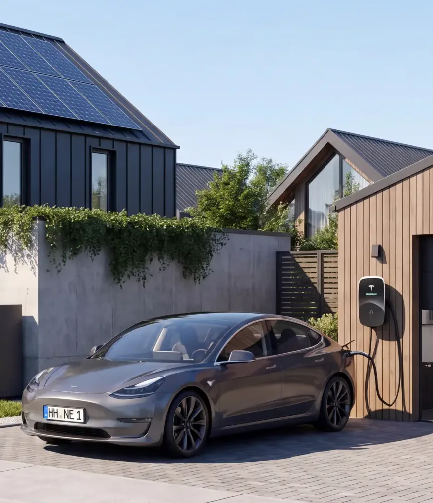 Elektroauto lädt an einer Wallbox vor einem Haus mit Solardach