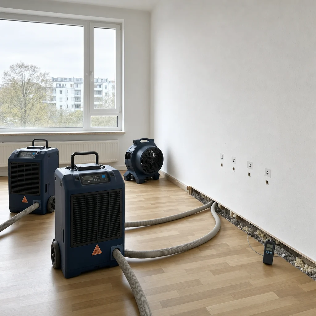 Bautrockner und Lüfter in einem Raum nach Wasserschaden